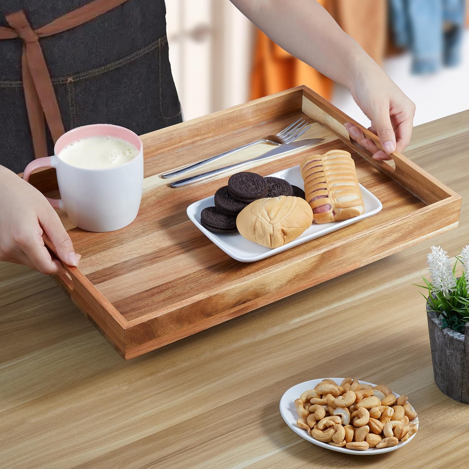 Large Wooden Serving Tray with Handles